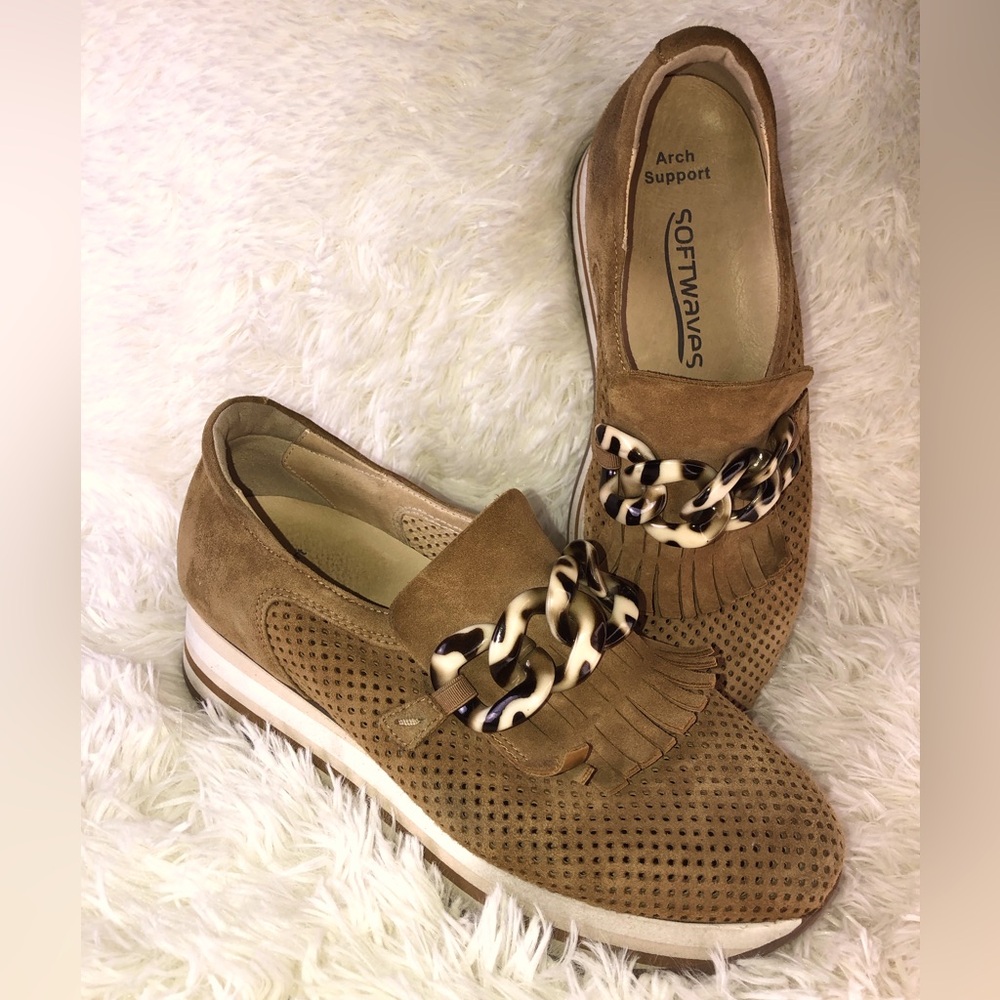 Softwaves Tan Suede Fringe Loafers with Chain Detail